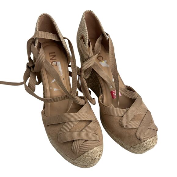 INC International Concepts Merryy Espadrille Wedges Size 8.5 Dark Almond Tan EUC - Picture 3 of 14